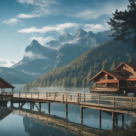 A misty lake surrounded by mountains with a wooden pier, Angles, Graffiti, accent light, high key, backlight