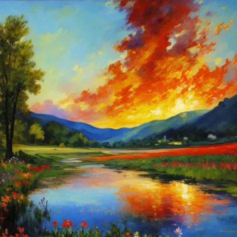 a landscape where the sky is made of fire and the ground is made of water, impressionism oil painting, snapdragon, striking, man...