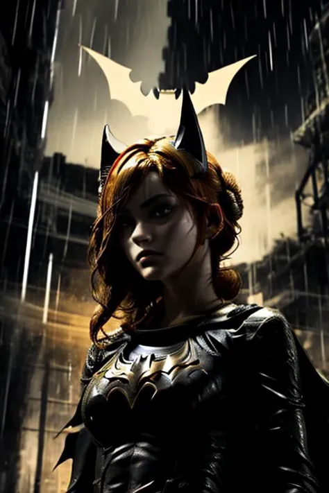 ((from below)), a woman, masterpiece, best quality, 1girl,batgirl of burnside, atmospheric scene, (detailed beautiful face, deta...