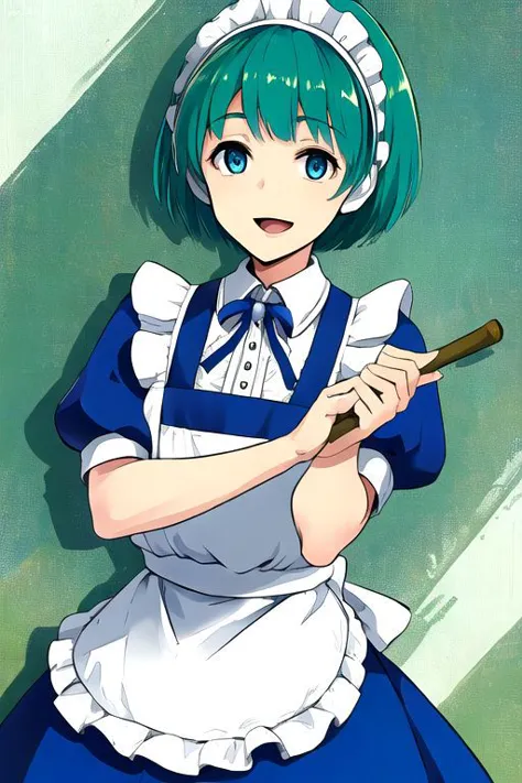 a close up of a woman in a maid outfit holding a bat