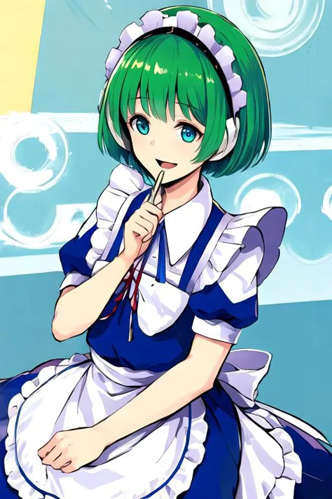 solo_focus, 1girl, (((masterpiece))), ((best quality)), ((ultra-detailed)), high resolution, absurdres, highres, ultra-detailed 8k unity wallpaper, 
ruukoto, multi \(to heart\), 
solo, 1girl, green_hair, maid_headdress, maid, smile, apron, short_hair, short_sleeves, puffy_short_sleeves, puffy_sleeves, blue_dress, dress, blue_eyes, maid_apron, open_mouth, white_apron, frills, waist_apron, ribbon, hairband, broom, yellow_eyes, :d, robot_joints,