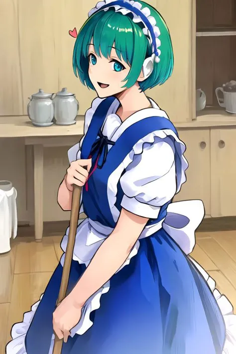 solo_focus, 1girl, (((masterpiece))), ((best quality)), ((ultra-detailed)), high resolution, absurdres, highres, ultra-detailed 8k unity wallpaper, 
ruukoto, multi \(to heart\), 
solo, 1girl, green_hair, maid_headdress, maid, smile, apron, short_hair, short_sleeves, puffy_short_sleeves, puffy_sleeves, blue_dress, dress, blue_eyes, maid_apron, open_mouth, white_apron, frills, waist_apron, ribbon, hairband, broom, yellow_eyes, :d, robot_joints,