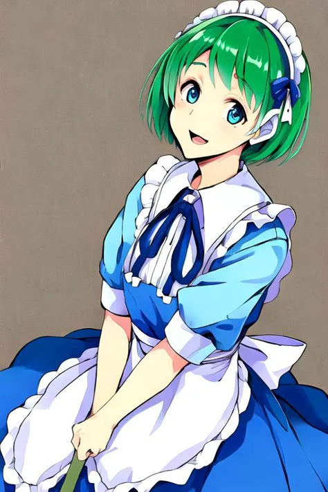 anime girl in blue and white dress with green hair and a blue apron