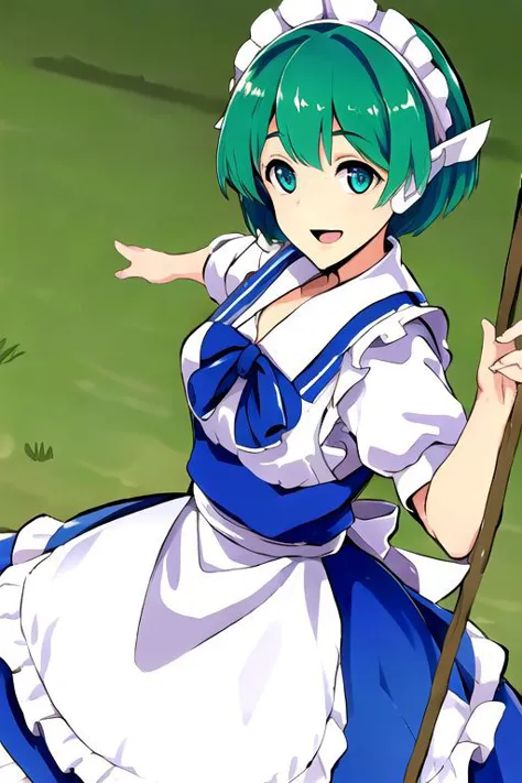 anime girl in a blue and white dress holding a stick