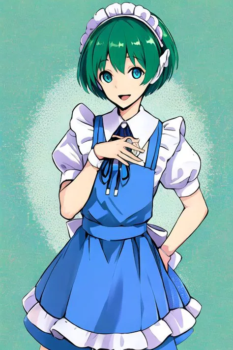 solo_focus, 1girl, (((masterpiece))), ((best quality)), ((ultra-detailed)), high resolution, absurdres, highres, ultra-detailed 8k unity wallpaper, 
ruukoto, multi \(to heart\), 
solo, 1girl, green_hair, maid_headdress, maid, smile, apron, short_hair, short_sleeves, puffy_short_sleeves, puffy_sleeves, blue_dress, dress, blue_eyes, maid_apron, open_mouth, white_apron, frills, waist_apron, ribbon, hairband, broom, yellow_eyes, :d,