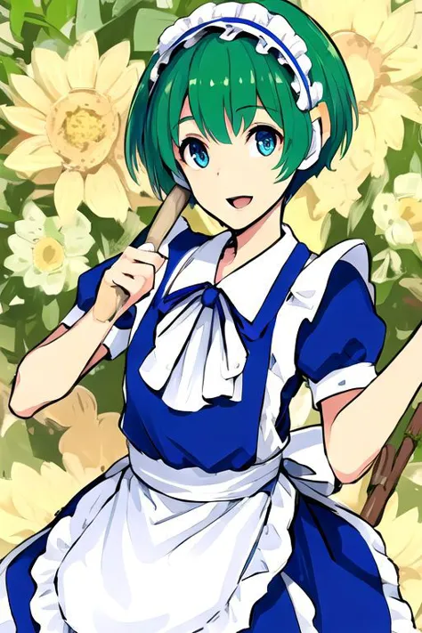 solo_focus, 1girl, (((masterpiece))), ((best quality)), ((ultra-detailed)), high resolution, absurdres, highres, ultra-detailed 8k unity wallpaper, 
ruukoto, multi \(to heart\), 
solo, 1girl, green_hair, maid_headdress, maid, smile, apron, short_hair, short_sleeves, puffy_short_sleeves, puffy_sleeves, blue_dress, dress, blue_eyes, maid_apron, open_mouth, white_apron, frills, waist_apron, ribbon, hairband, broom, yellow_eyes, :d, robot_joints,