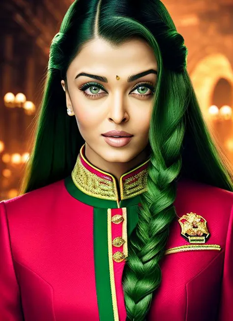 portrait of aishwarya rai, naughty_face , wearing tailored , with green side braid, background colosseum, epic (photo, studio li...