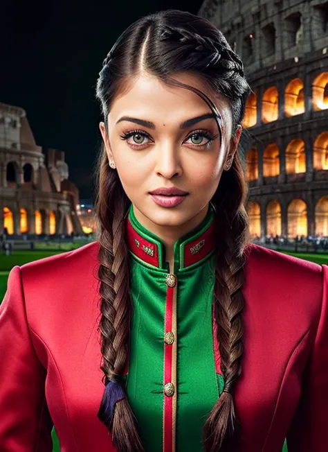 portrait of Aishwarya Rai, naughty_face , wearing tailored , with green Side braid, background colosseum, epic (photo, studio lighting, hard light, sony a7, 50 mm, matte skin, pores, colors, hyperdetailed, hyperrealistic), <lyco:Aishwarya Rai:1.1>