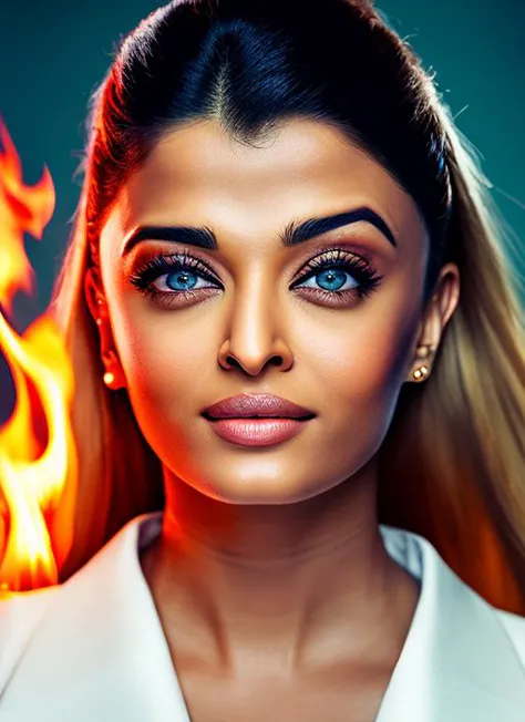 portrait of aishwarya rai, optimistic , wearing trousers , with natural blonde top knot, background fire, epic (photo, studio li...