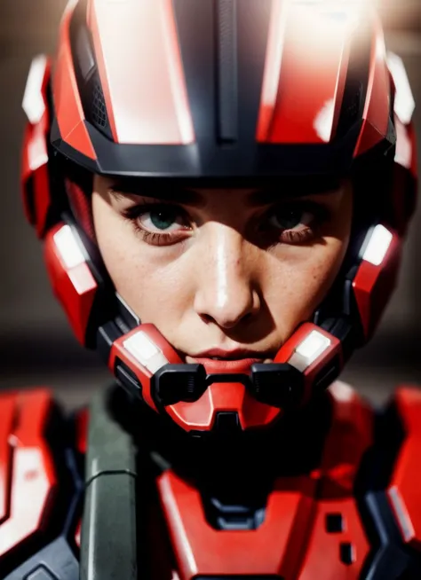 a close up of a person wearing a helmet and a red helmet