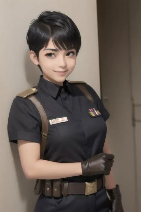 a woman in uniform posing for a picture in a hallway