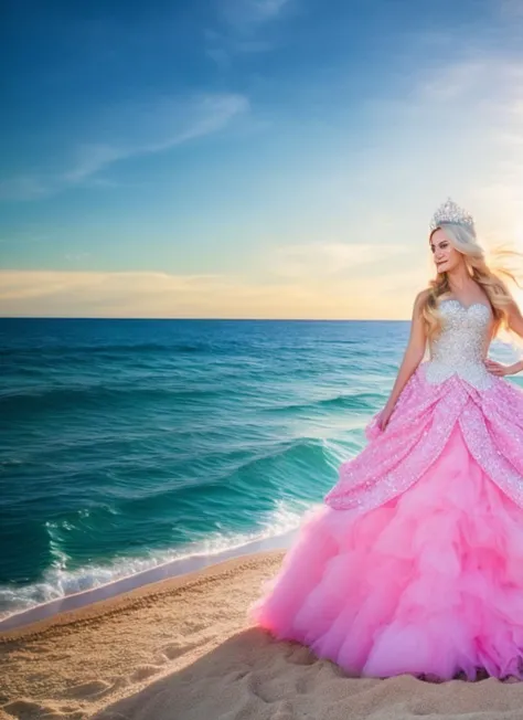 a woman in a pink dress standing on the beach