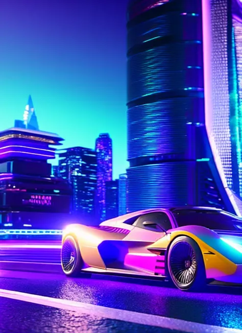 a colorful car driving on a city street at night