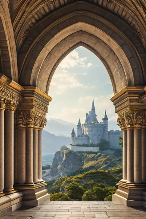 a view of a castle through an archway in a mountain