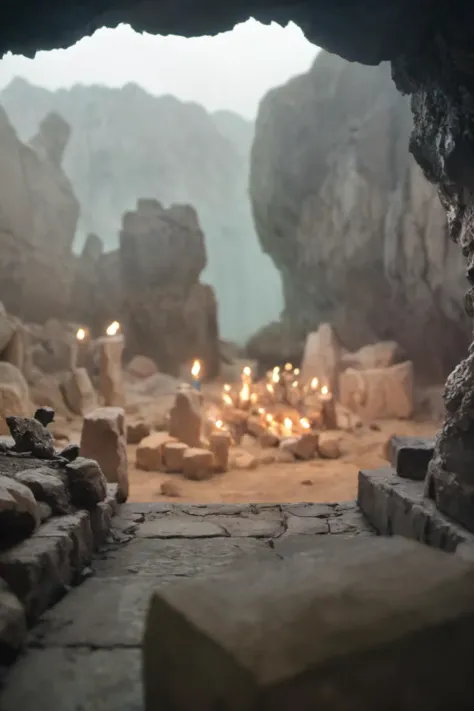 there is a cave with candles in it and a stone floor