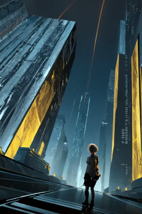 a woman standing on a city street in a futuristic city