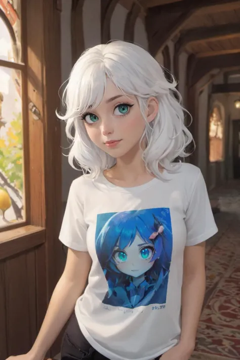 rait of a cute anime girl with wavy white hair, blue eyes, a small round shaped face, round green eyes, a small round nose, a small smile, black and white t-shirt, digital art, 2d game art, cute style, by Stanley Artgerm Lau, WLOP, Rossdraws, James Jean, Andrei Riabovitchev, Marc Simonetti, and Sakimichan, tranding on artstation