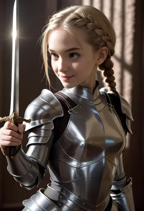 a close up of a woman in a silver suit holding a sword