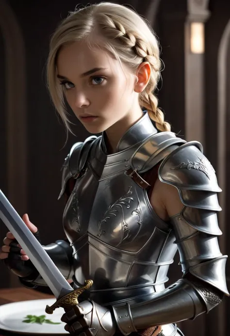 ((cinemtic shoot)) ((fantasy)) , ((rpg)),   ((focus on character)),  photo of   1 girl, petite body, 18 yo girl,  slender, small breasts , rope braid   from high elves (altmer) , as knight - plate armor with dragon  pattern, sharpens the sword, large sword in hand, clera face, majestatic , sad  BREAK, perfect detailed face, intricated skin,   realistic, ((photorealistic)) rim lights, dark shadows, cinematic scene , movie shoot  , dark, , defined muscles, extremely detailed, glass reflection, dark shadows, hard light hard shadows, ,vellus,subcutaneous veins,, shallow depth of field, vignette, highly detailed, high budget Hollywood film, cinemascope, moody, epic, gorgeous, detailed background ,  ((darkfull )) , detailed  realistic toes