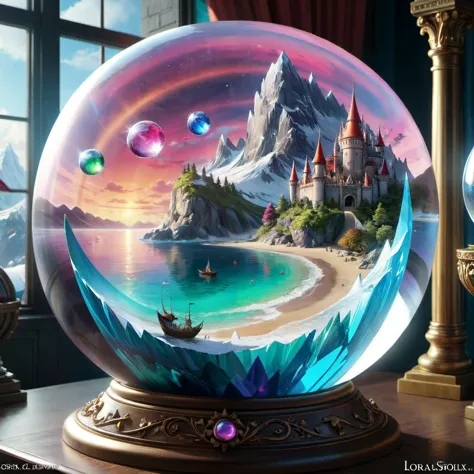 there is a crystal ball with a castle in it on a table