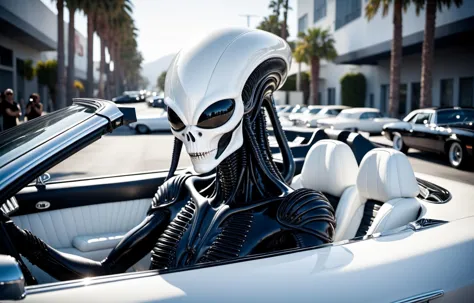 cinematic photo of giger's alien in a white cabriolet in hollywood , 35mm photograph, film, bokeh, professional, 4k, highly detailed