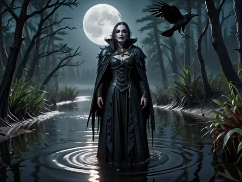 arafed image of a woman in a black dress standing in a river with a crow flying over her head