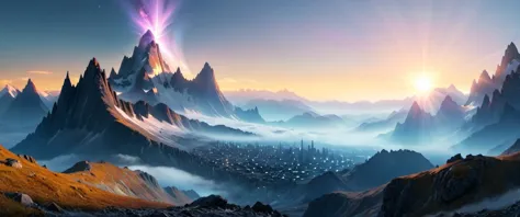 Valley, with retro sci-fi city  , Jagged alpine Peaks and Rugged Valleys,       in the sky is pulsar ,               sunrise with morning fog near ground , sunlight with godrays,