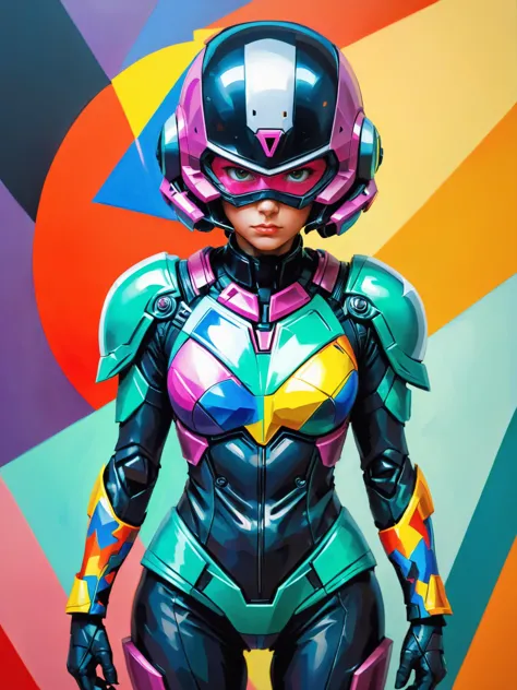 a woman in a futuristic suit and helmet standing in front of a colorful background