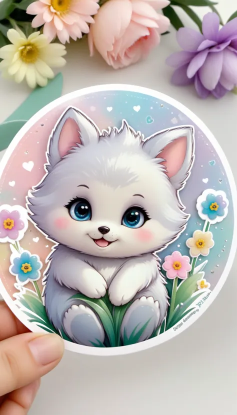 Sticker of a cute, round little animal with big, sparkling eyes and a gentle smile on its face. It has soft, pastel-colored fur. The small critter is surrounded by dainty, heart-shaped flowers in complementary pastel shades, adding to the sticker's overall charm.The white background provides the perfect canvas for this adorable creature, allowing its pastel features to pop and catch the eye. The sticker design exudes a warm and playful energy, making it an endearing addition to any item it adorns.