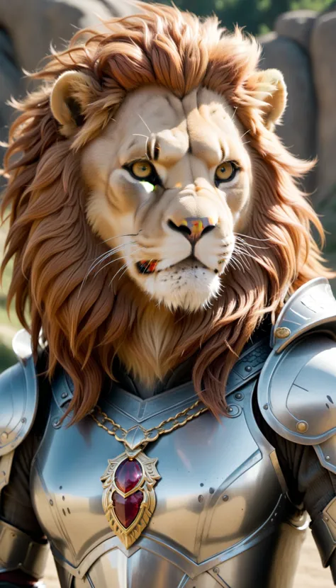 a close up of a lion in a costume with a sword