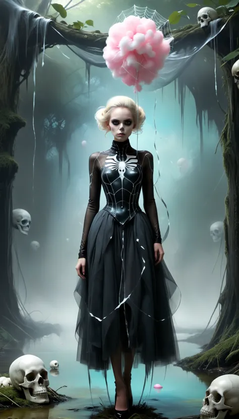 a woman in a black dress standing in a forest with skulls