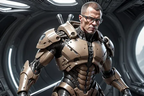 45 year old muscular cyborg soldier with narrow square clear glasses, short slightly curly brown hair, wielding a two-bladed sword, carbon and leather armor, on a alien spaceship, photorealistic