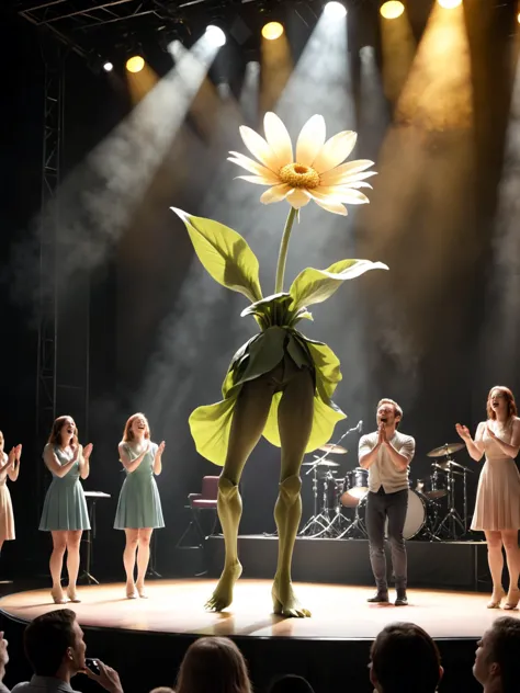 there are people on stage with a flower in the middle of the stage