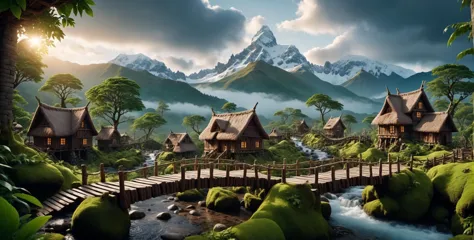 a picture taken from a video game shows a small village in the mountains