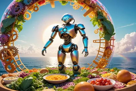 a close up of a robot standing in a circle of food