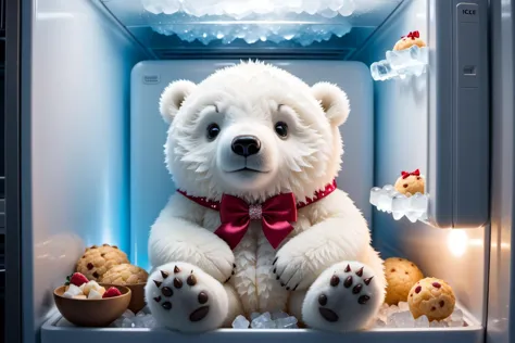 there is a teddy bear sitting in a refrigerator with food inside