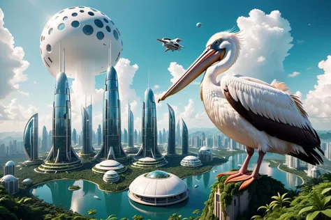 cute pelican flying beside a huge Arcology in a futuristic city rising high up to the clouds, tropical forest skyline, 35mm photograph, film, bokeh, professional, 4k, highly detailed, fantasy star style