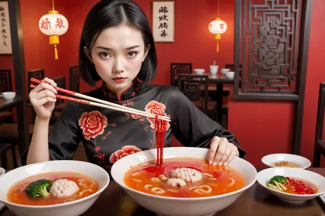 bowl of soupe with blood and brain and vegetable, chopsticks, chinese restaurant, eaten by a young chinese lady in chinese dress, full body view