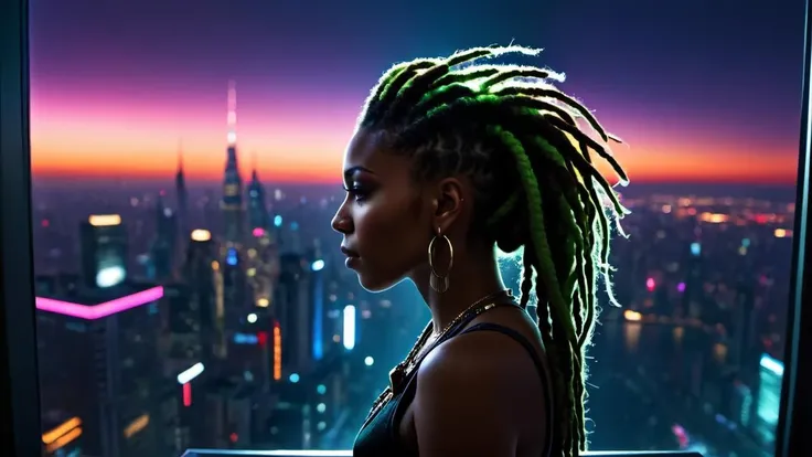 neonpunk style, the view from the panoramic window from the back of the room on the night colorful city, silhouette of a woman with dreadlocks, (night, darkness),emotional, vibes, vibrant, stunningly beautiful, crisp, detailed, sleek, ultramodern, high contrast, cinematic, ultra detailed, intricate, professional,dark, high contrast, low light, vibrant, highly detailed,