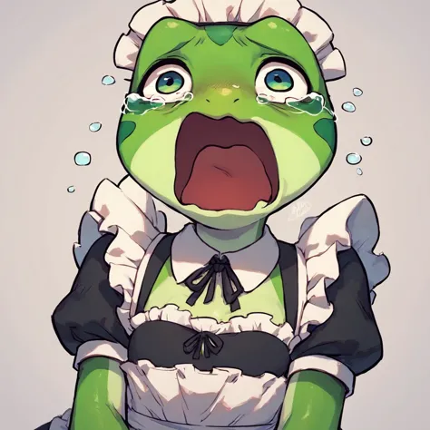 score_9, score_8_up, score_7_up, score_6_up, score_5_up, frog,female,anthro,green skin,spot,maid costume,white stockings, tears, crying, open mouth, crying with eyes open, tearing up <lora:xl_XL_crying_aqua(pony)-000016:1>