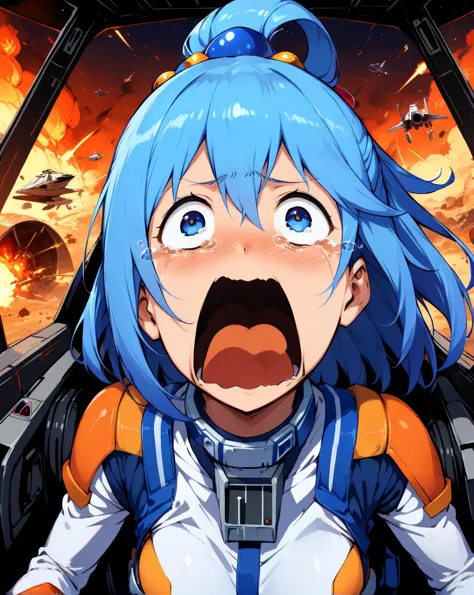 masterpiece, best quality, very aesthetic, absurdres, star wars, solo, 1girl, aqua \(konosuba\), rebel pilot suit, open mouth, tears, crying, crying with eyes open, star wars ship interior, medium-distance shot, cockpit view, female focus, explosions, 