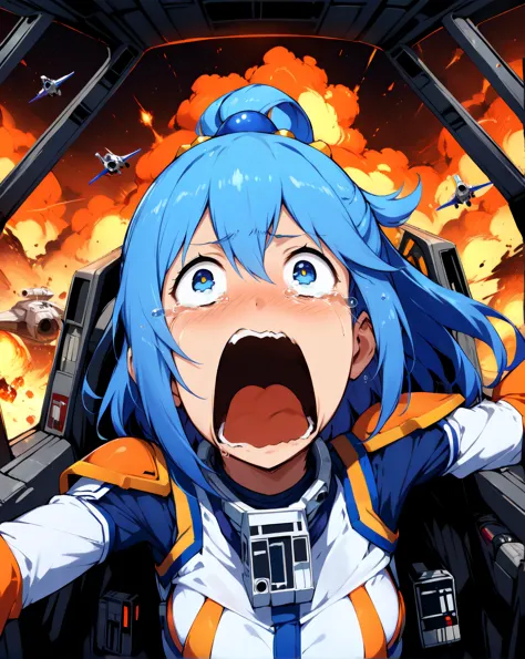 masterpiece, best quality, very aesthetic, absurdres, star wars, solo, 1girl, aqua \(konosuba\), rebel pilot suit, open mouth, tears, crying, crying with eyes open, star wars ship interior, medium-distance shot, cockpit view, female focus, explosions, 