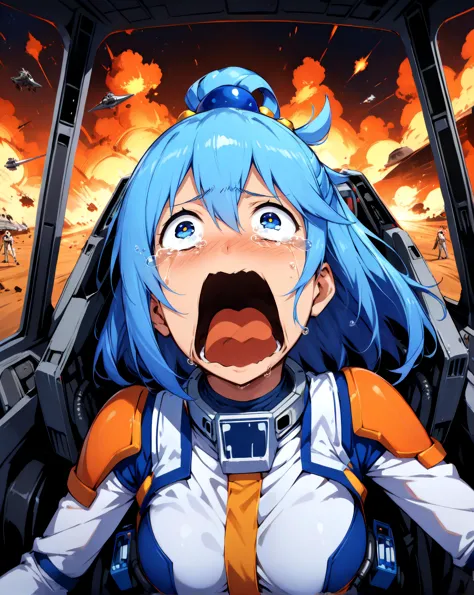 masterpiece, best quality, very aesthetic, absurdres, star wars, solo, 1girl, aqua \(konosuba\), rebel pilot suit, open mouth, t...