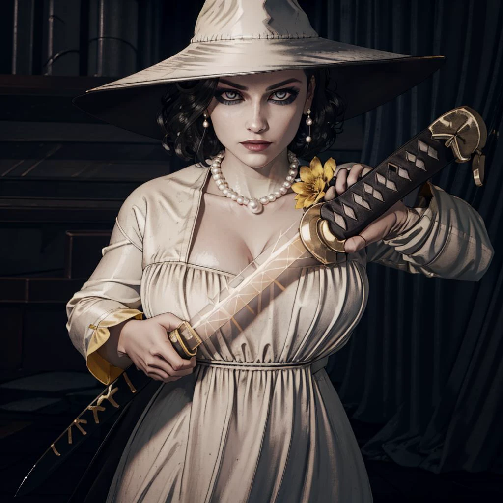 foto en bruto, (piel muy detallada, ojos detallados:1.1), detalles intrincados, mejor calidad, 8k hd, iluminación suave, black sun hat, vestido blanco, collar de perlas, flor negra, cabello corto, ojos amarillos, Alto, pale skin IncrsUnvainaingAKatanaMeme, vaina, holding vaina 