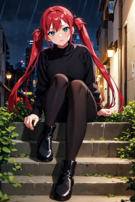 masterpiece, best quality, AiriV4, 1girl, solo, twintails, long hair, red hair, ((Black sweater, Black pants, Ankle boots)), sit...
