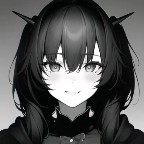 1girl,cowboy shot,talulah,. face portrait , black and white screen , very strong black color, 50mm portrait photography , very wide horror smile  <lora:ArknightsTalulah_10:0.7>, twintails