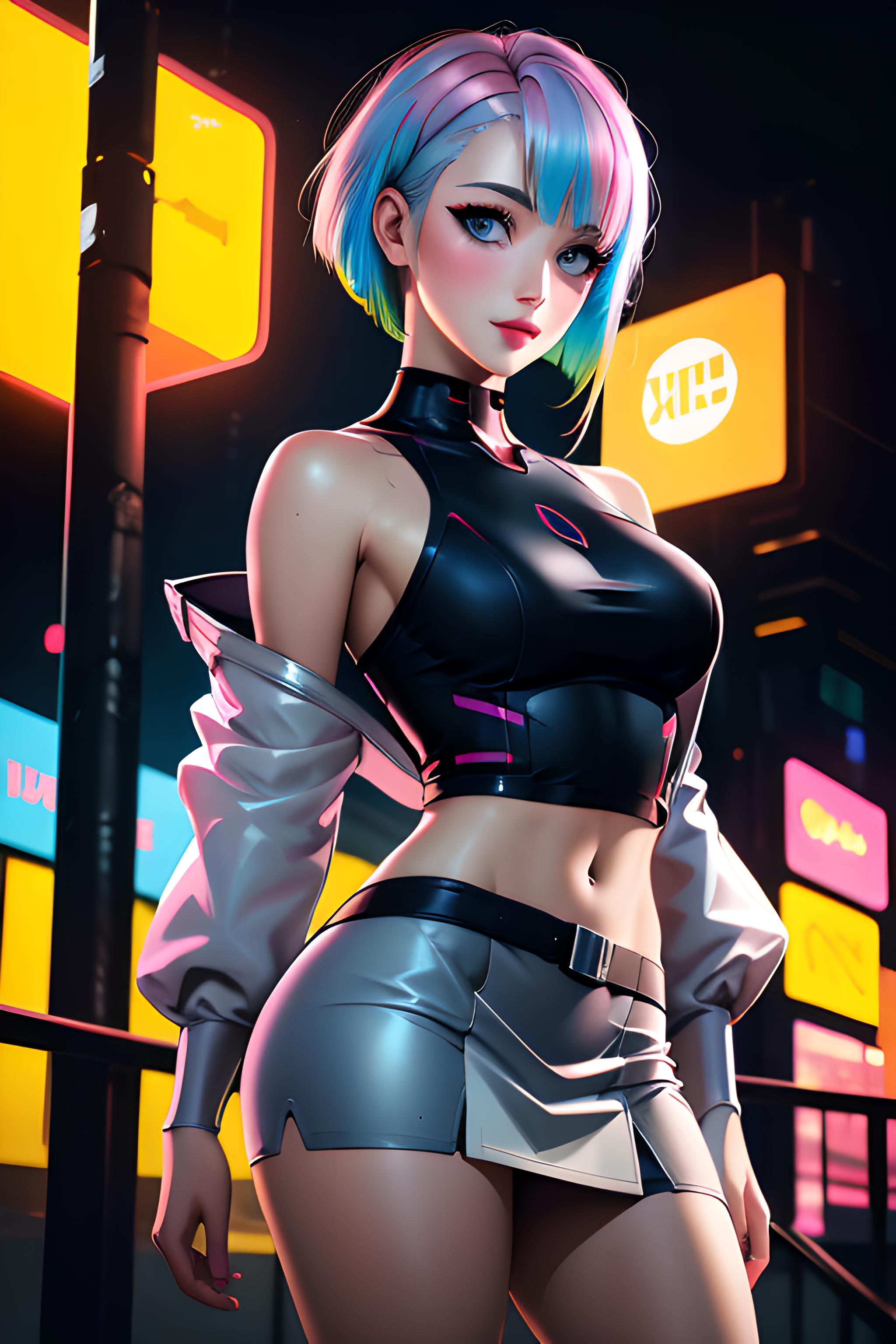 A woman in a short skirt and top posing in front of neon signs - SeaArt AI