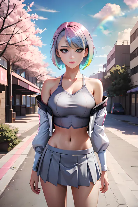 lucy, lucy from cyberpunk, cleavage, smile, grey eyes, grey hair, mechanical parts, medium breasts, off shoulder, open clothes, ...