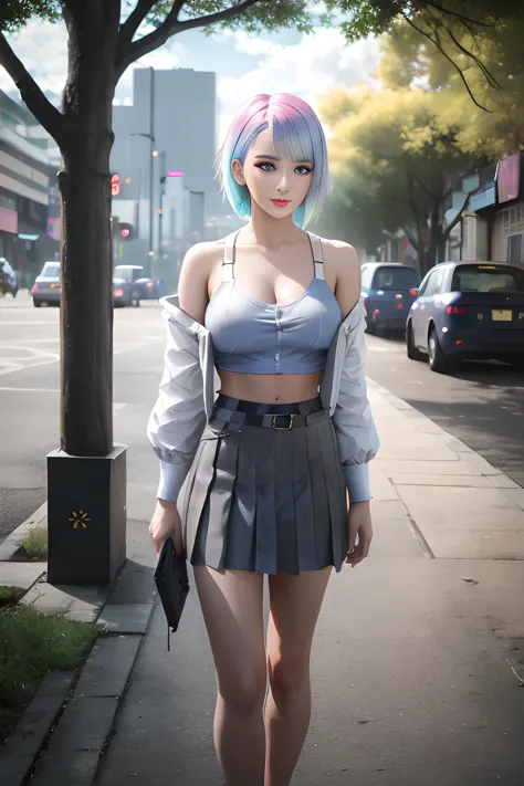 lucy, lucy from cyberpunk, ((cleavage)), smile, grey eyes, grey hair, mechanical parts, medium breasts, off shoulder, open cloth...