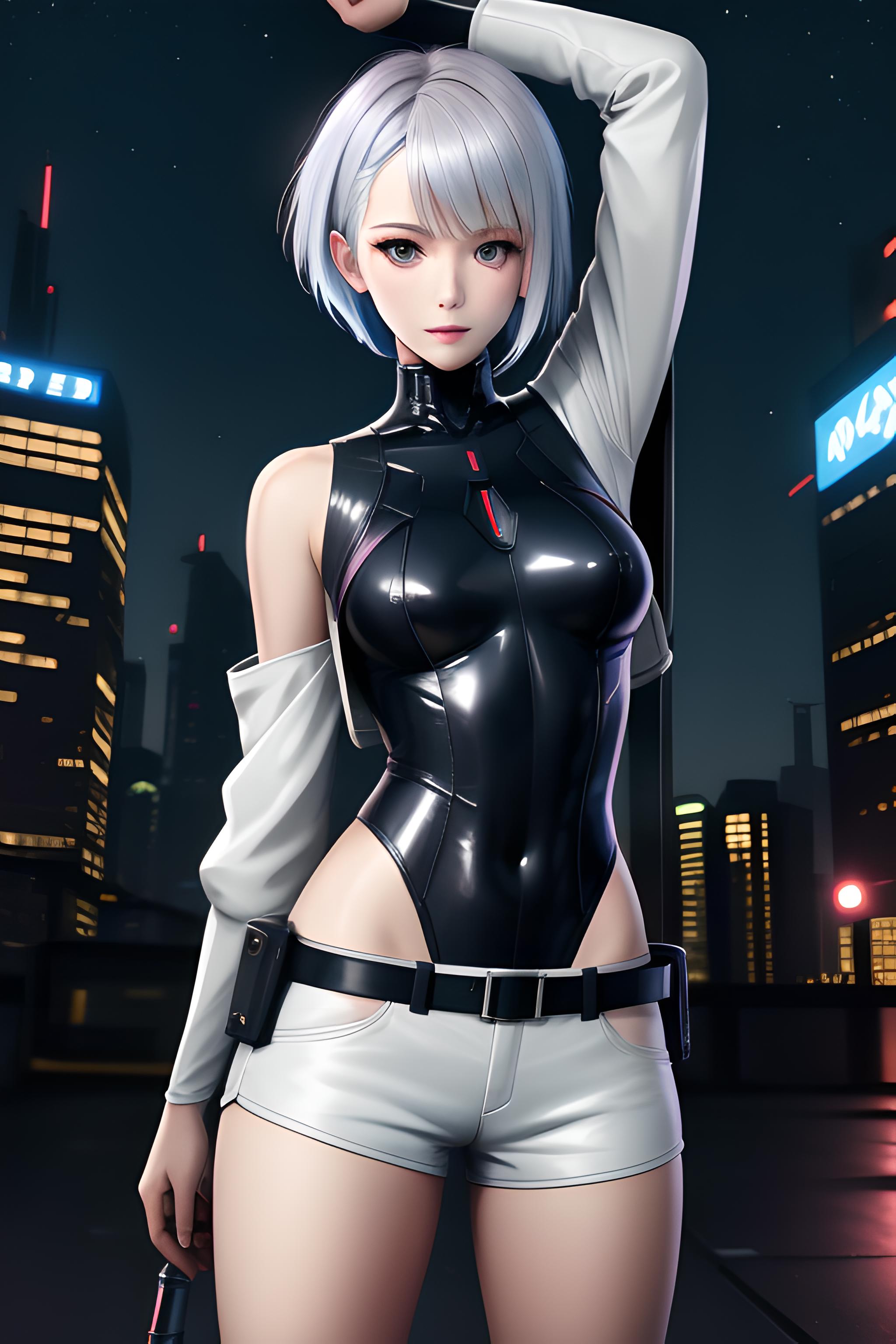 A woman in a black and white outfit posing in front of a city - SeaArt AI